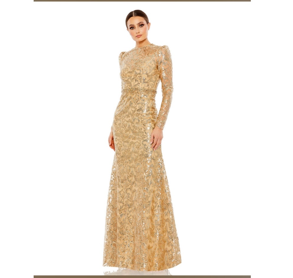 Mac Duggal Embellised Gold Long Sleeve Mob Prom Maxi Gown Plus Size 20 68011 New